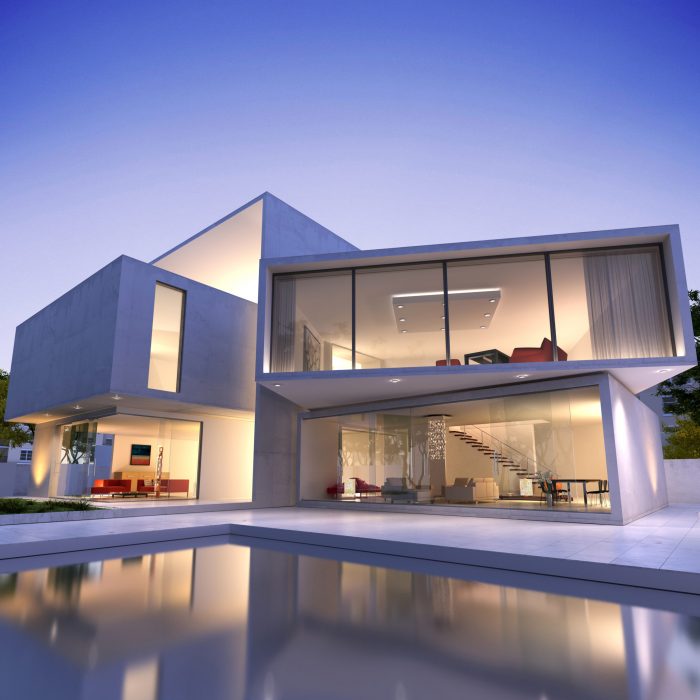 External view of a modern house with pool at dusk